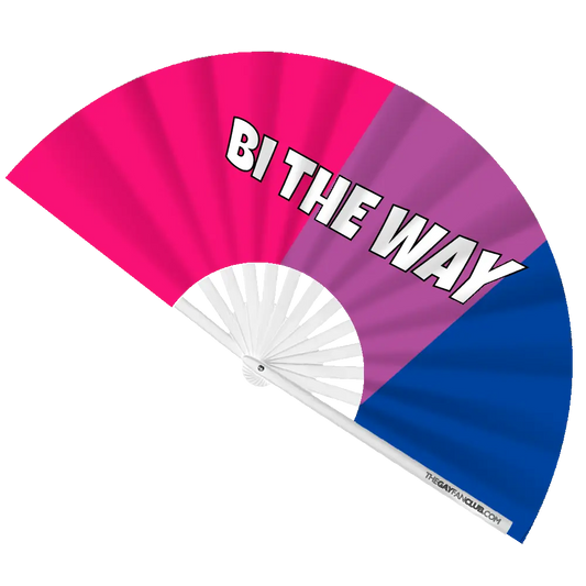 Bi the Way hand fan by The Gay Fan Club featuring vibrant colors and bold design, perfect for supporting LGBTQ+ pride.