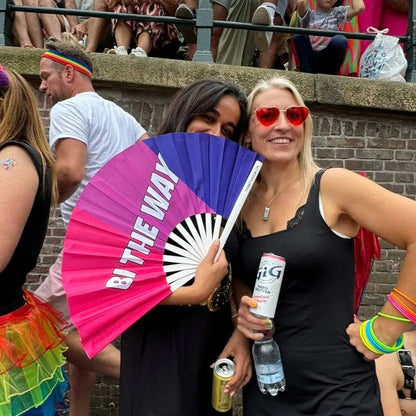 The Gay Fan Club Bi the Way Hand Fan featuring colorful design and foldable structure for portable cooling and style.