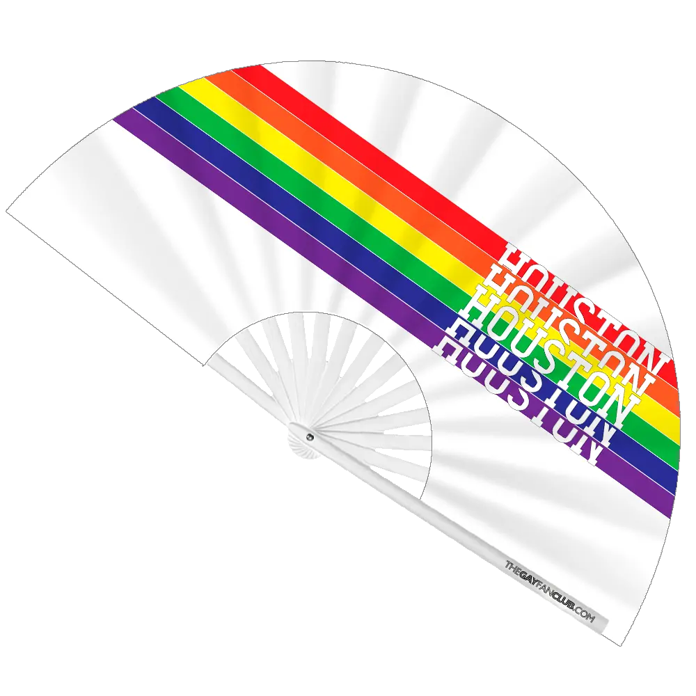 Houston Pride Clack Fan, hand fan by The Gay Fan Club featuring colorful Pride design and sturdy handle.