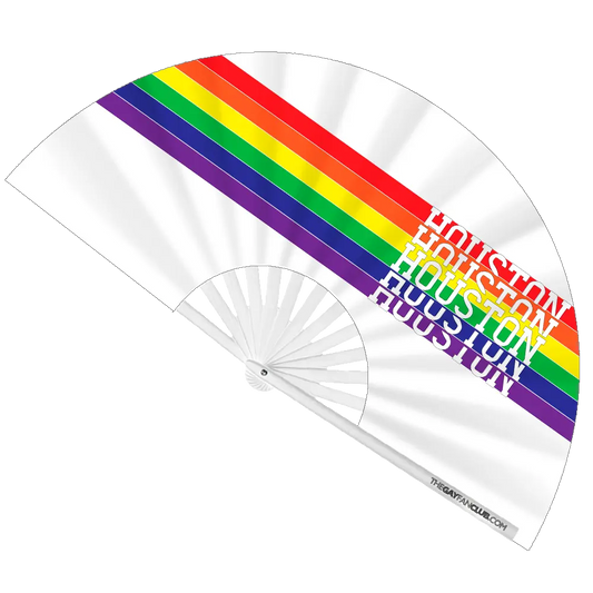 Houston Pride Clack Fan by The Gay Fan Club, colorful hand fan with vibrant pride design and wooden handle.