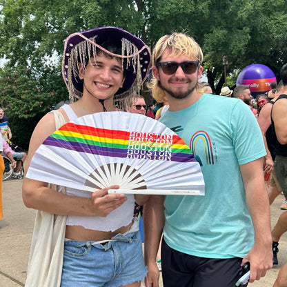 Houston Pride Clack Fan by The Gay Fan Club, colorful hand fan with vibrant Pride design for celebrations and events.
