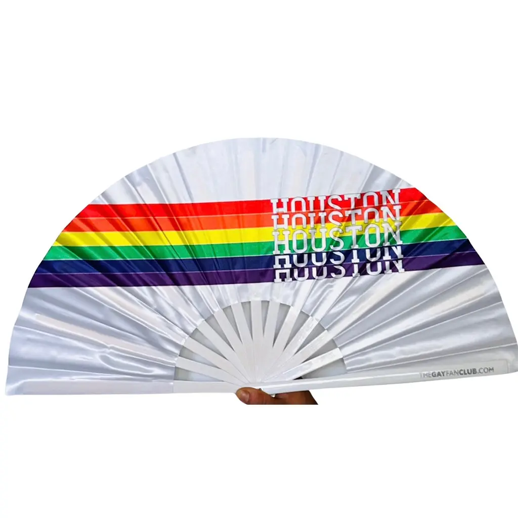 Houston Pride Clack Fan by The Gay Fan Club, a colorful hand fan featuring bold pride-themed design and vibrant colors.