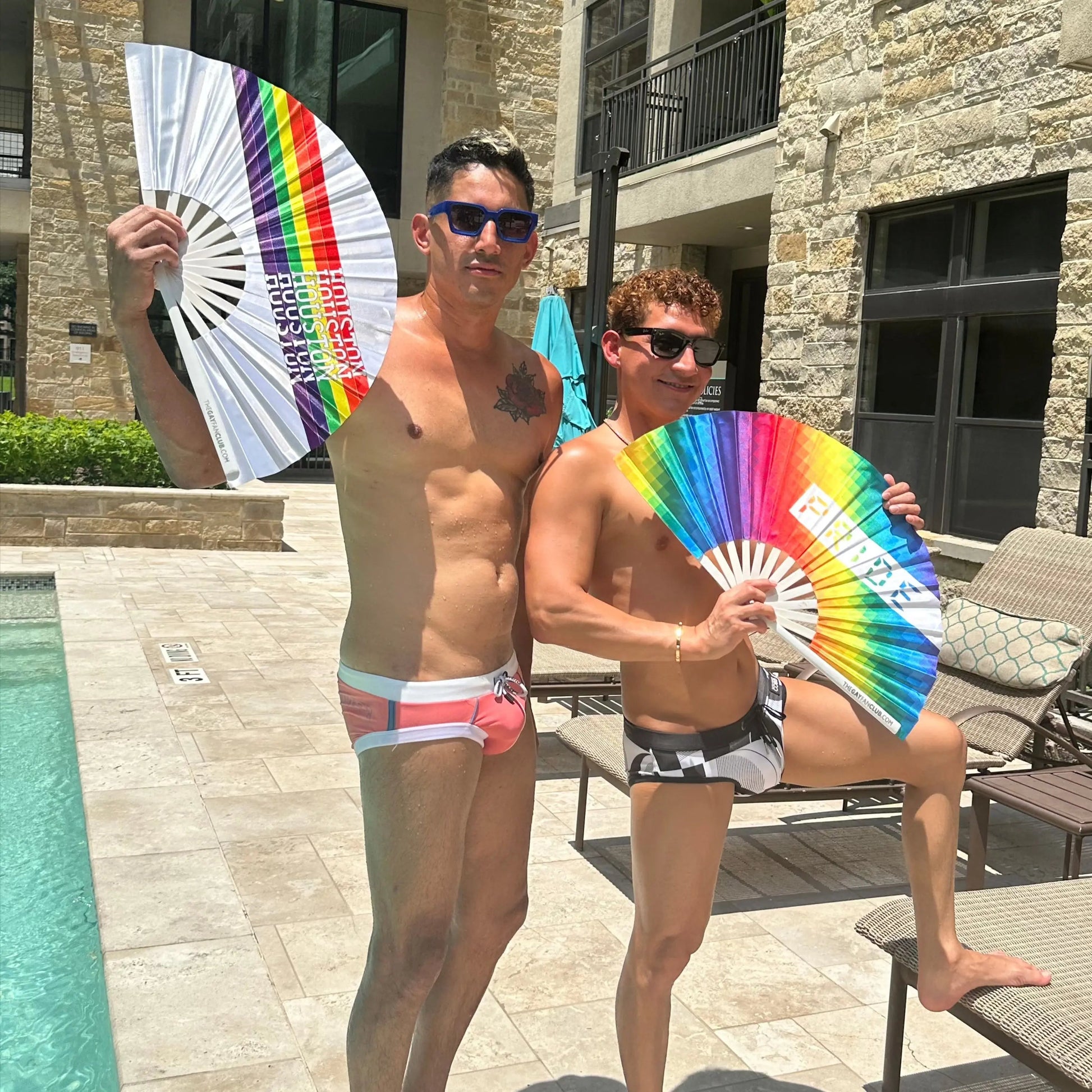 Houston Pride Clack Fan by The Gay Fan Club, colorful hand fan with Houston Pride design for celebration and supporting LGBTQ+ events.