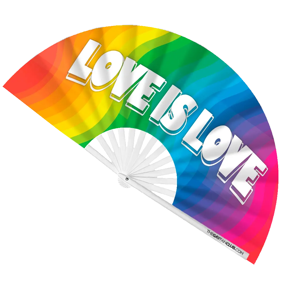 Hand fan by The Gay Fan Club featuring a vibrant rainbow design with "Love Is Love" message, perfect for pride celebrations.