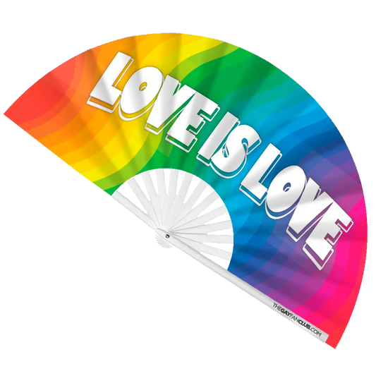 Colorful Love Is Love rainbow hand fan by The Gay Fan Club, featuring vibrant rainbow design and lightweight construction.