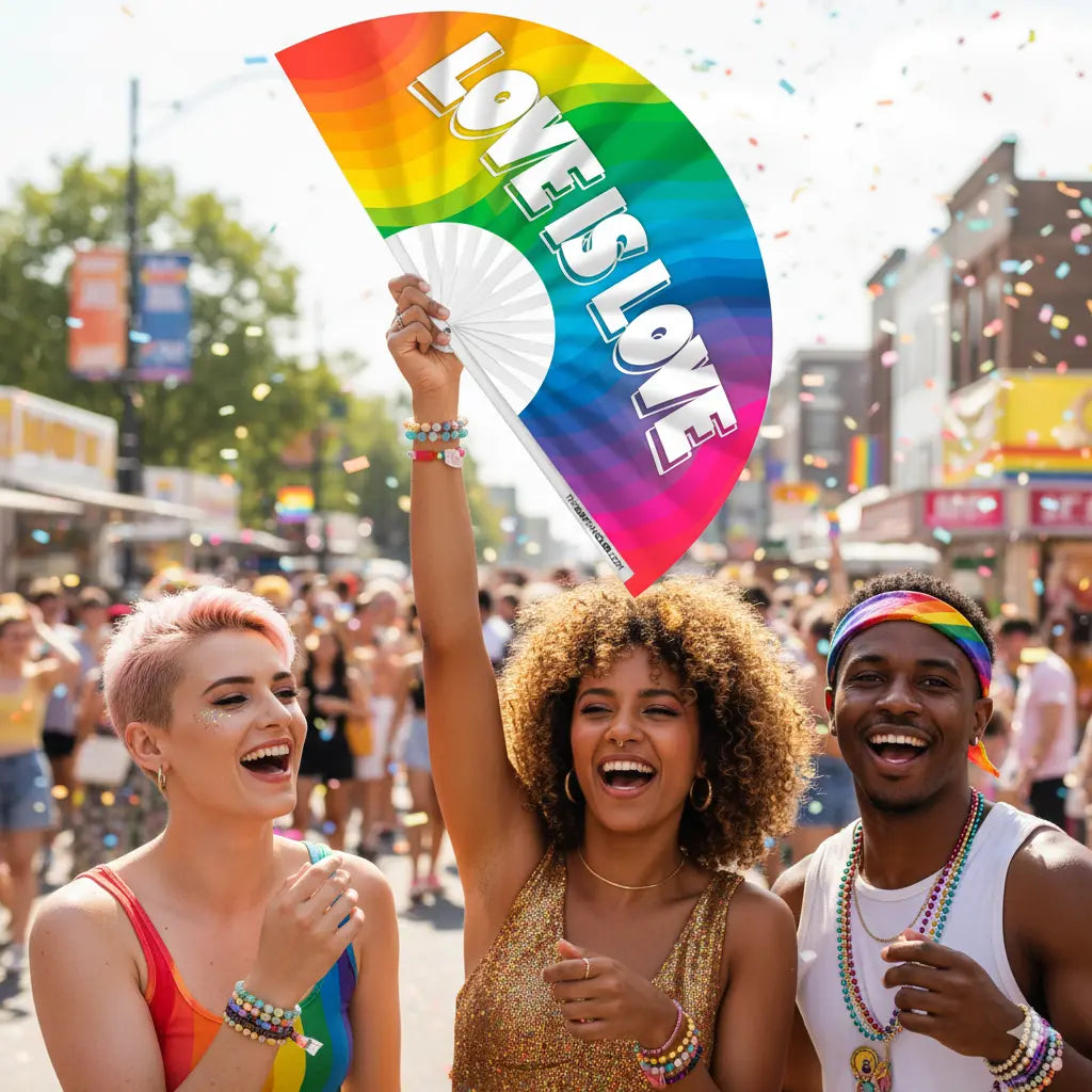 Hand fan by The Gay Fan Club featuring a vibrant rainbow design and the message "Love Is Love" for LGBTQ+ support.
