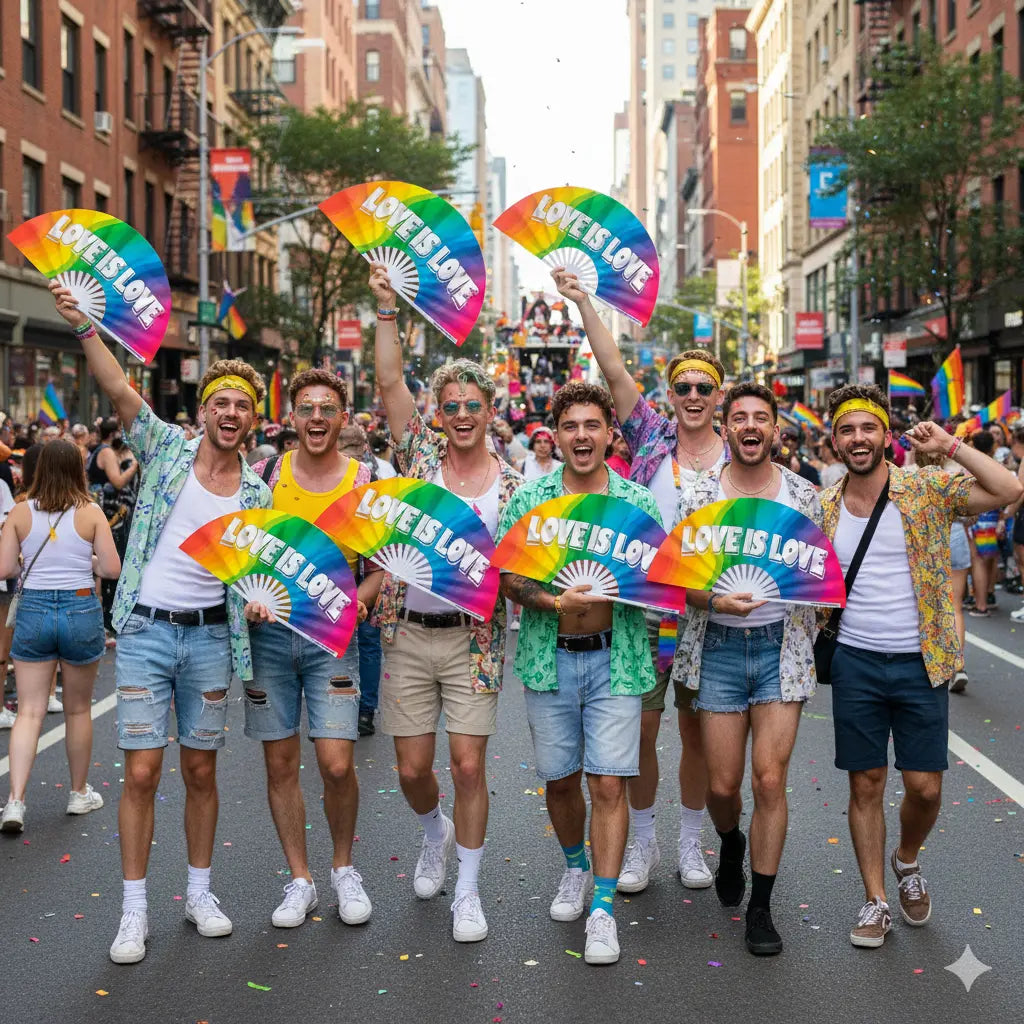 Rainbow hand fan from The Gay Fan Club featuring "Love Is Love" design, made of lightweight material for easy use.