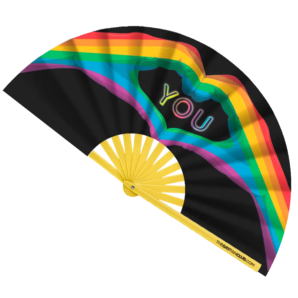 Hand fan from The Gay Fan Club featuring "Love You" design, with vibrant colors and decorative fan shape.