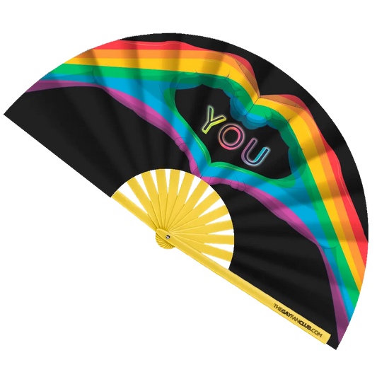 Hand fan with "Love You" design by The Gay Fan Club, featuring vibrant colors and decorative fan shape.