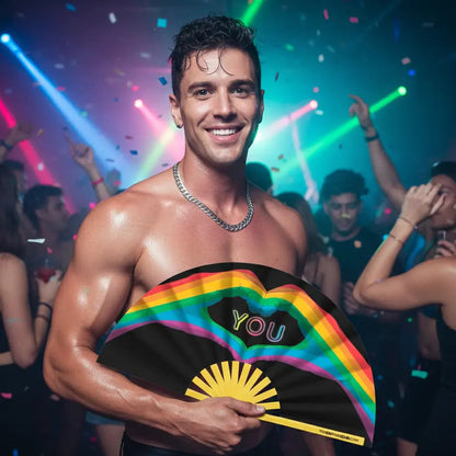 Hand fan by The Gay Fan Club with "Love You" design, featuring vibrant colors and a decorative fan shape.
