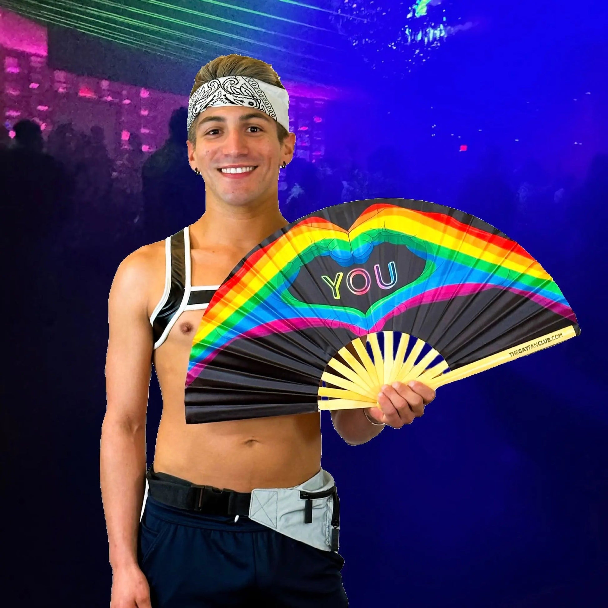 Hand fan by The Gay Fan Club with "Love You" message, featuring colorful design and lightweight fabric for cooling and style.