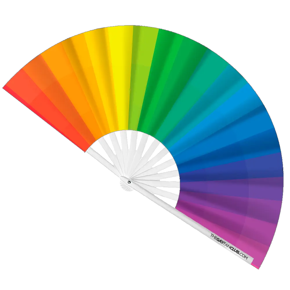 Hand fan featuring a vibrant rainbow design by The Gay Fan Club, perfect for colorful, expressive accessories.