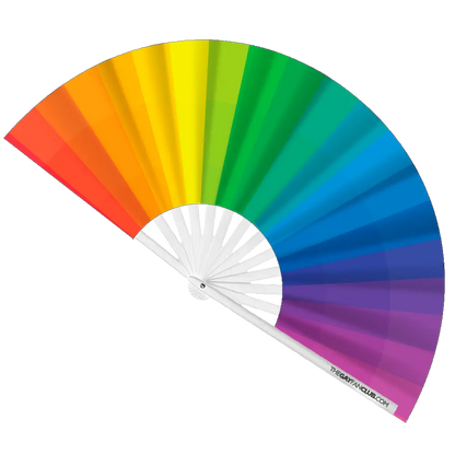 Hand fan featuring a vibrant rainbow design by The Gay Fan Club, perfect for colorful, expressive accessories.