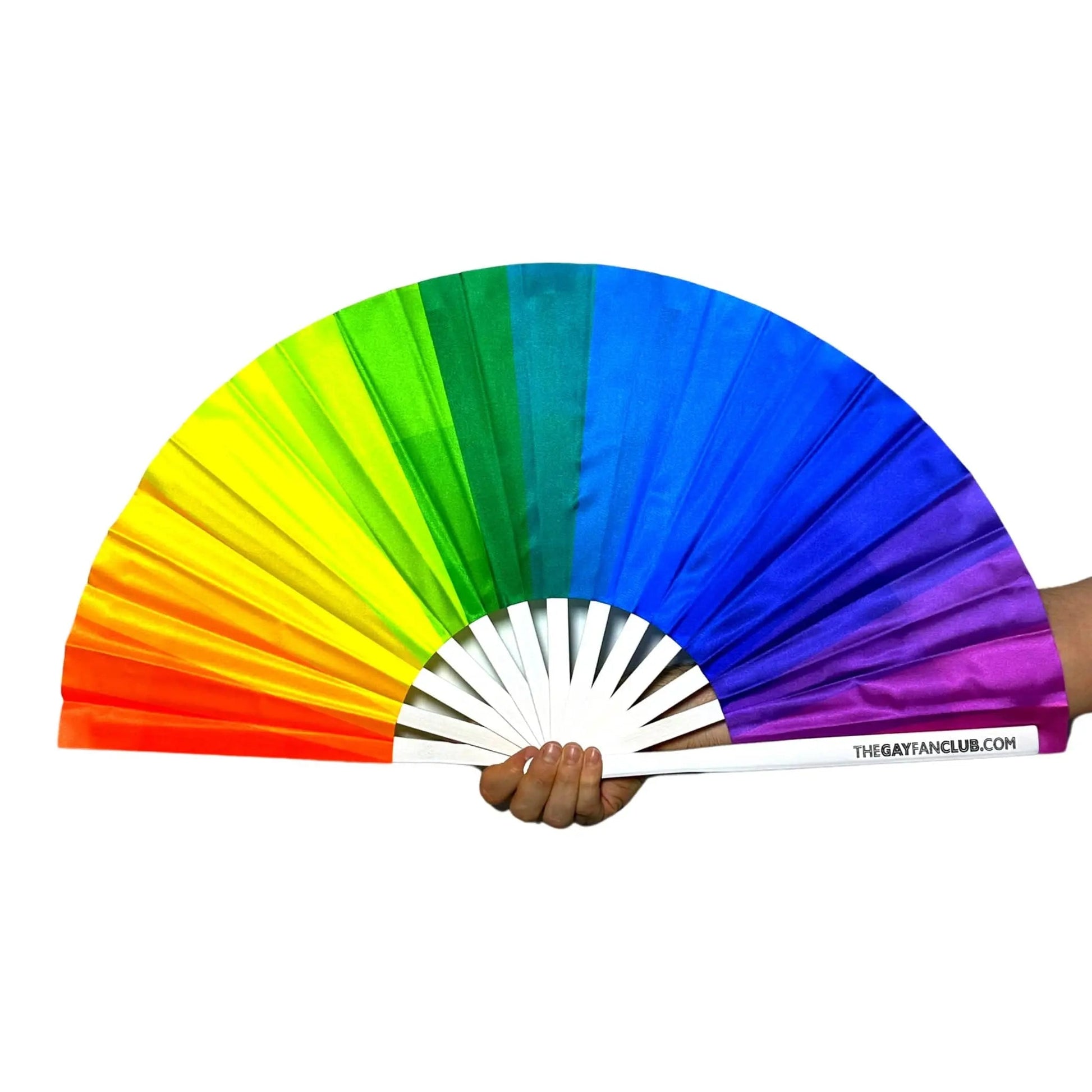 Colorful Over The Rainbow hand fan by The Gay Fan Club with vibrant rainbow stripes and decorative handle.