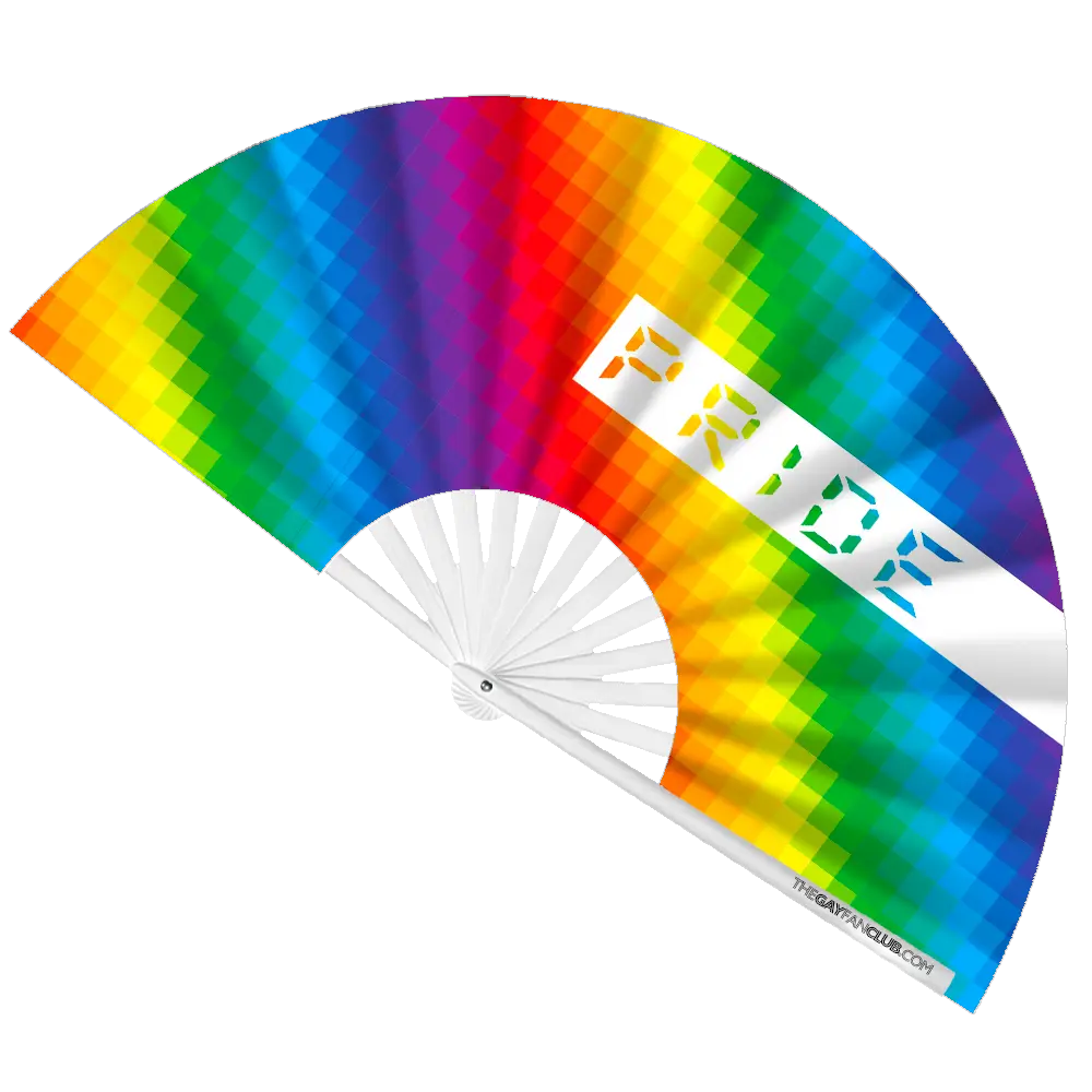 Colorful Pride Rainbow Hand Fan by The Gay Fan Club, featuring vibrant rainbow stripes and a foldable design.