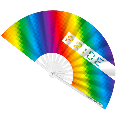 Colorful Pride Rainbow Hand Fan by The Gay Fan Club, featuring vibrant rainbow stripes and a foldable design.