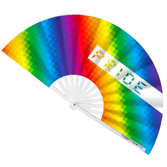 Colorful Pride Rainbow Hand Fan by The Gay Fan Club with rainbow stripes, open for display with vibrant design.