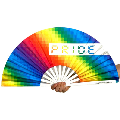 Hand fan with rainbow Pride design by The Gay Fan Club, featuring vibrant rainbow stripes for LGBTQ+ support.