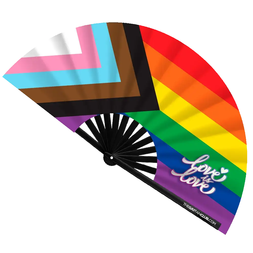 Hand fan featuring a vibrant rainbow Pride flag design from The Gay Fan Club, perfect for LGBTQ+ celebrations.