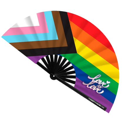 Hand fan featuring a vibrant rainbow Pride flag design from The Gay Fan Club, perfect for LGBTQ+ celebrations.