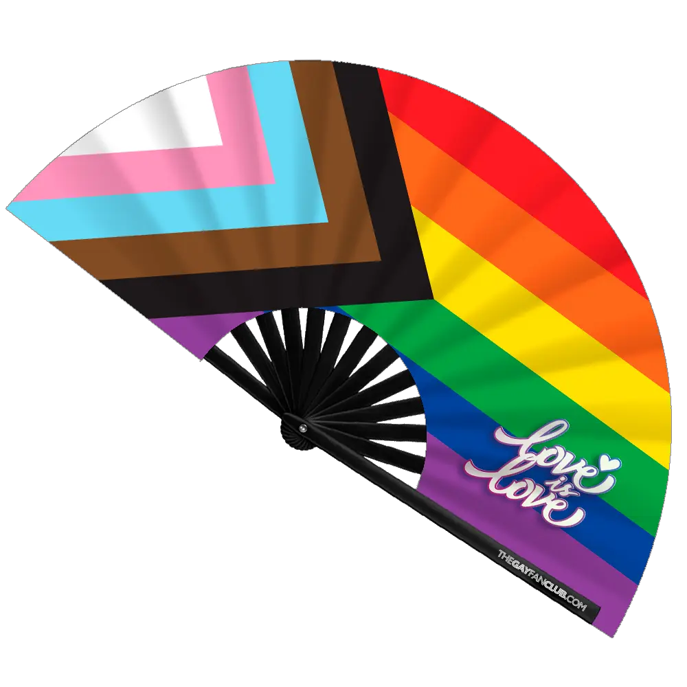 Hand fan featuring the Pride rainbow flag design by The Gay Fan Club, with vibrant rainbow colors and a compact, foldable style.