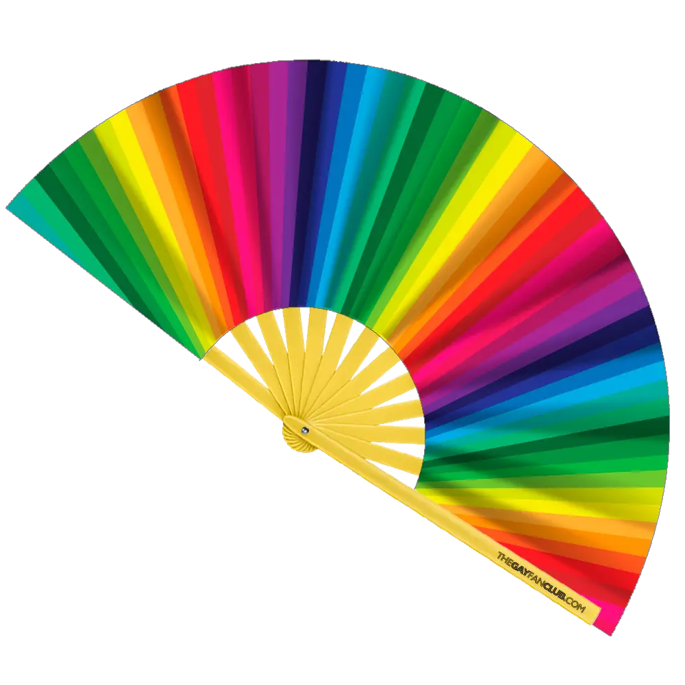 Rainbow folding hand fan by The Gay Fan Club, featuring vibrant rainbow colors and a compact, foldable design.