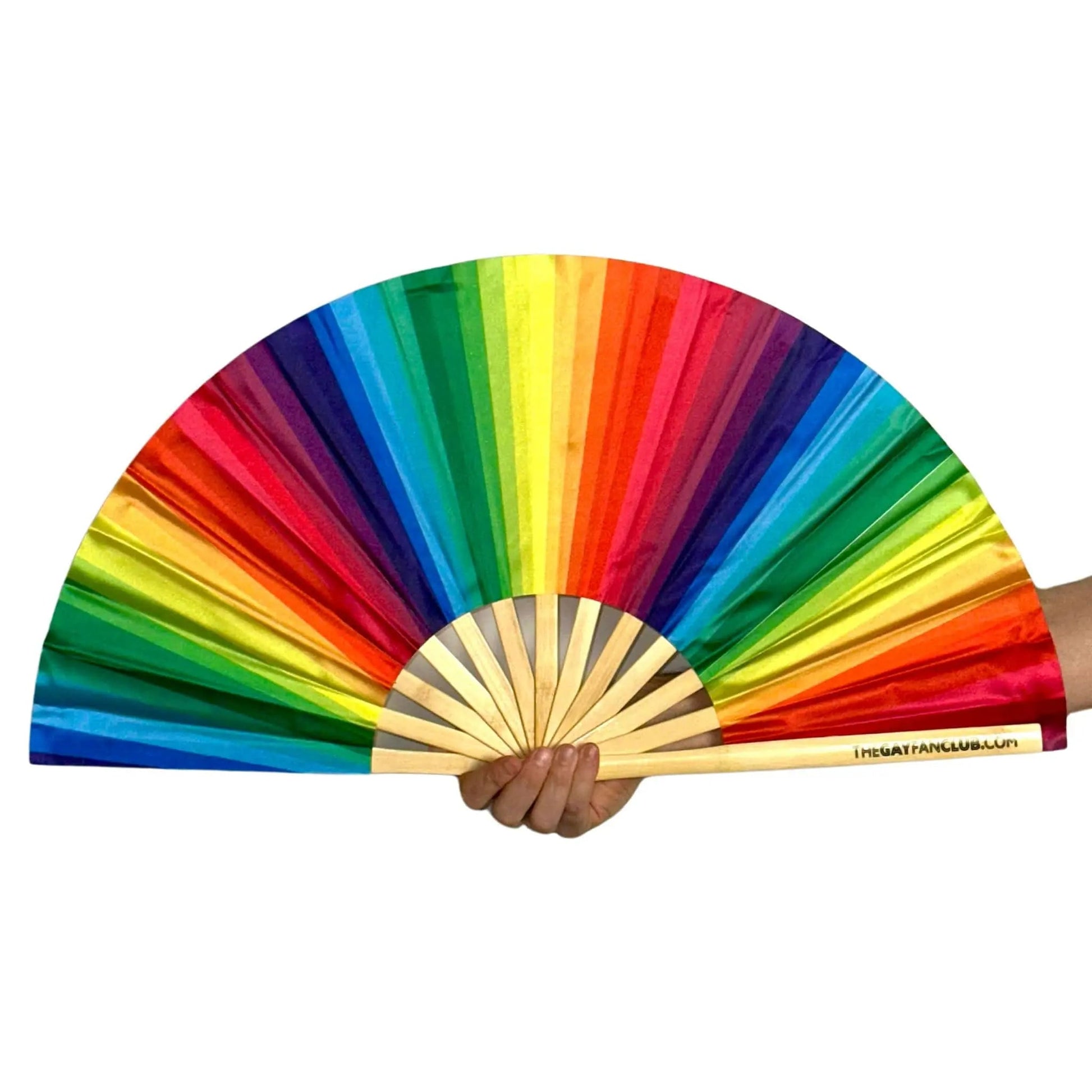 Rainbow folding hand fan from The Gay Fan Club, featuring vibrant rainbow colors and a compact, foldable design.
