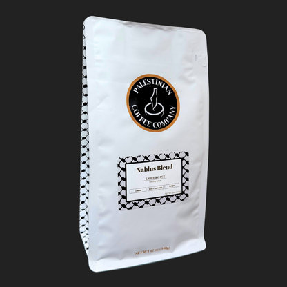 Whole bean Nablus Blend light roast coffee by The Palestinian Coffee Company, showing a 12 oz bag of Palestinian coffee.