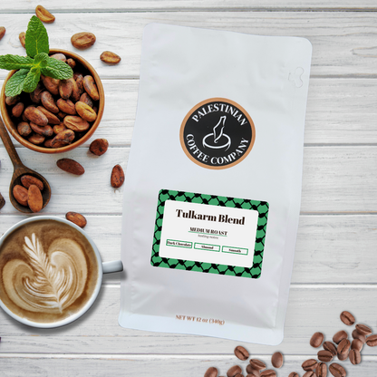 Whole bean Tulkarm Blend medium roast coffee by The Palestinian Coffee Company in a 12 oz bag, showcasing rich, aromatic coffee beans.
