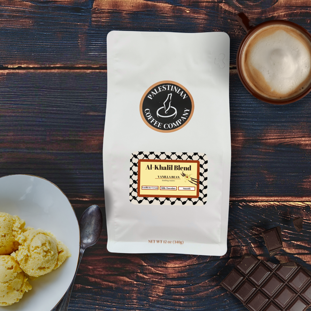 Whole bean Al-Khalil Blend vanilla bean coffee by The Palestinian Coffee Company in a 12 oz bag.