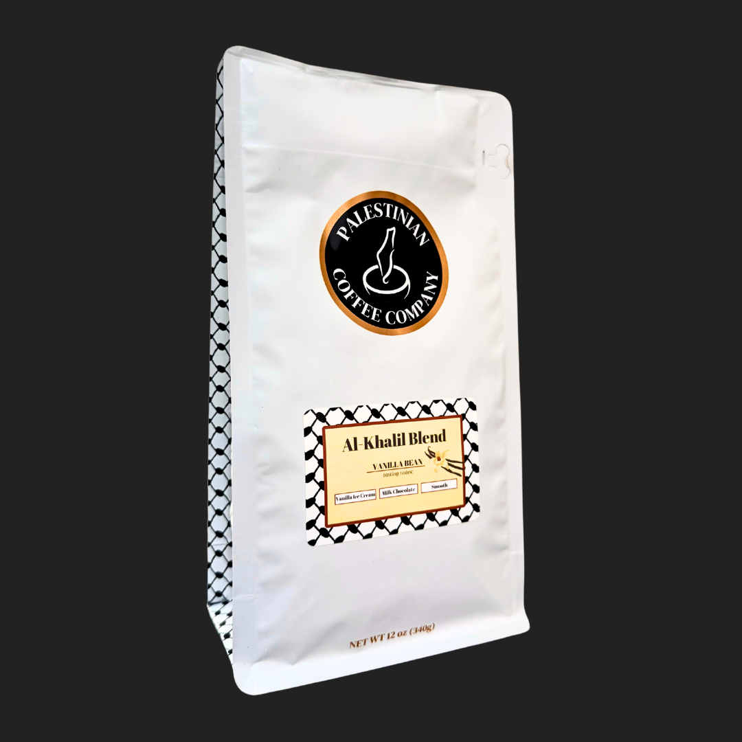 Whole bean Al-Khalil Blend vanilla bean coffee by The Palestinian Coffee Company in a 12 oz bag.
