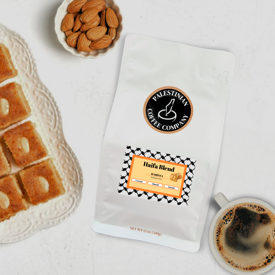 Whole bean Haifa Blend Harissa coffee by The Palestinian Coffee Company in a 12 oz bag, featuring a rich, aromatic blend.