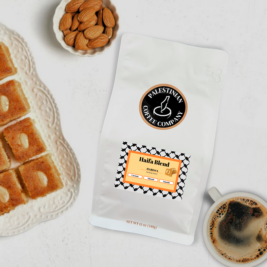 A bag of The Palestinian Coffee Company Haifa Blend Harissa Coffee showing the packaging with the brand logo and product name.