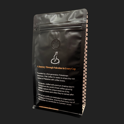 Whole bean Haifa Blend Harissa coffee by The Palestinian Coffee Company, showcasing rich coffee beans in a 12 oz bag.