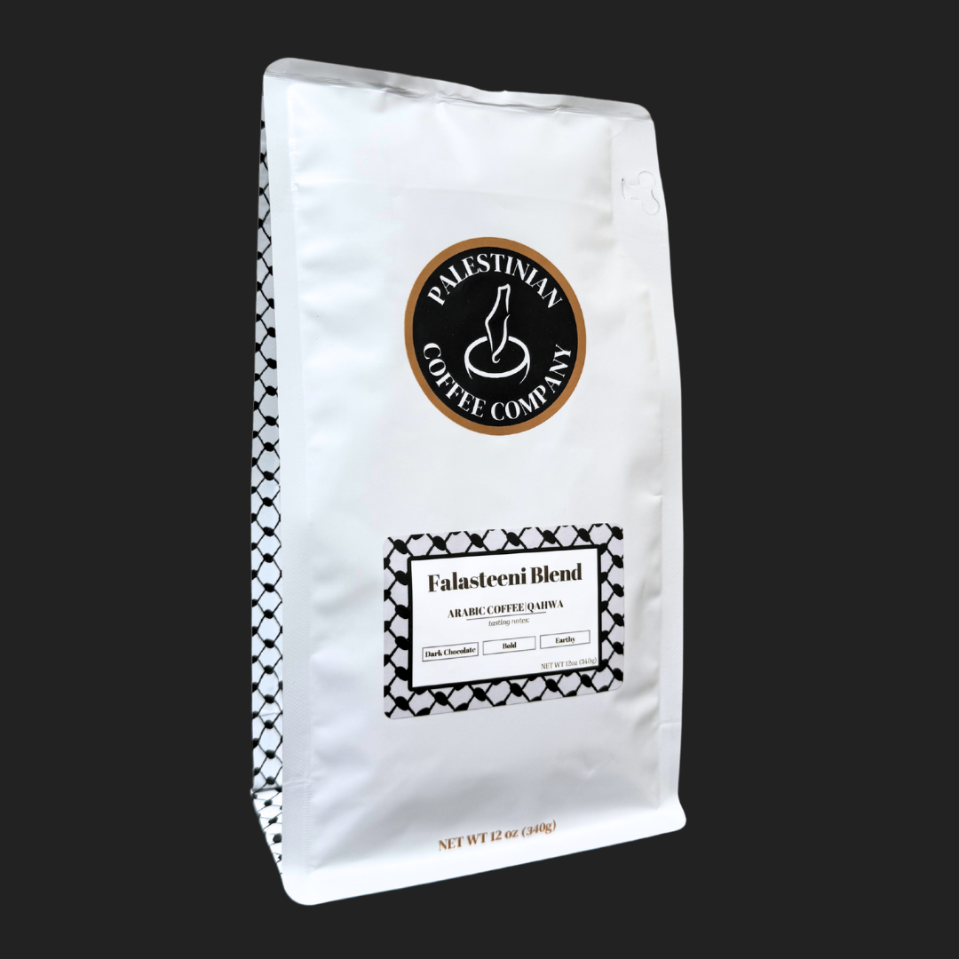 Falasteeni Blend Arabic Coffee by The Palestinian Coffee Company in a bag, rich traditional Middle Eastern coffee flavor.