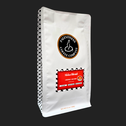 Ground Akka Blend Crème Caramel coffee from The Palestinian Coffee Company, showcasing rich, aromatic roasted coffee grounds.