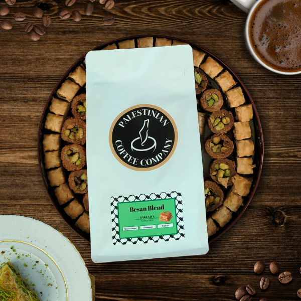 Ground Besan Blend Baklawa flavored coffee from The Palestinian Coffee Company, showcasing a rich, aromatic coffee ground in a clear container.