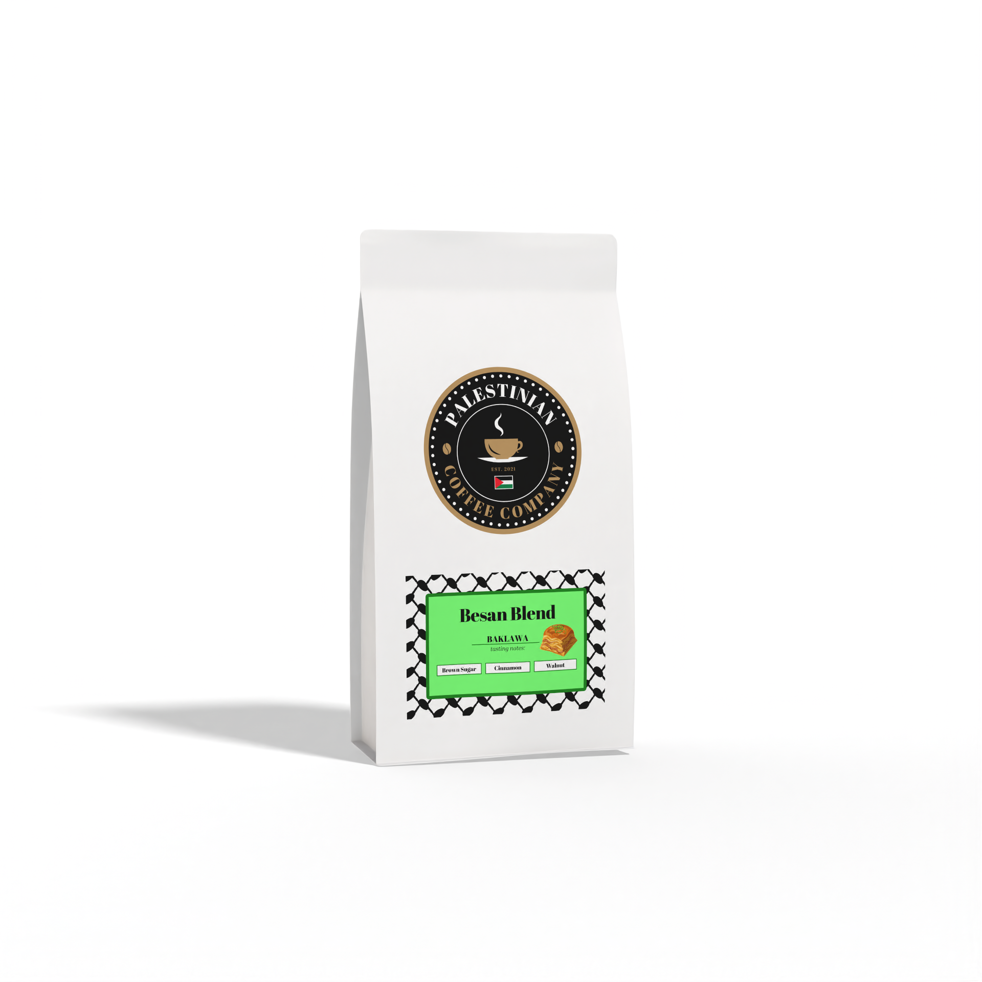 Ground Besan Blend Baklawa coffee from The Palestinian Coffee Company, featuring rich, aromatic coffee grounds for brewing.