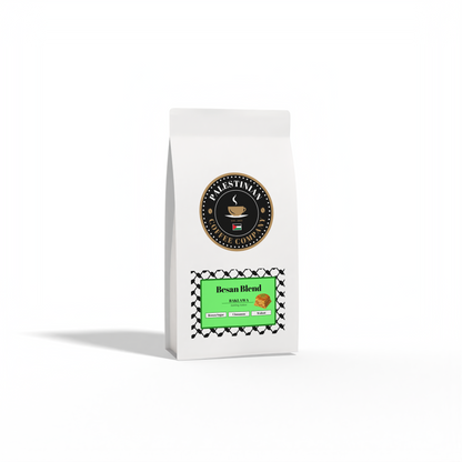 Ground Besan Blend Baklawa coffee from The Palestinian Coffee Company, featuring rich, aromatic coffee grounds for brewing.