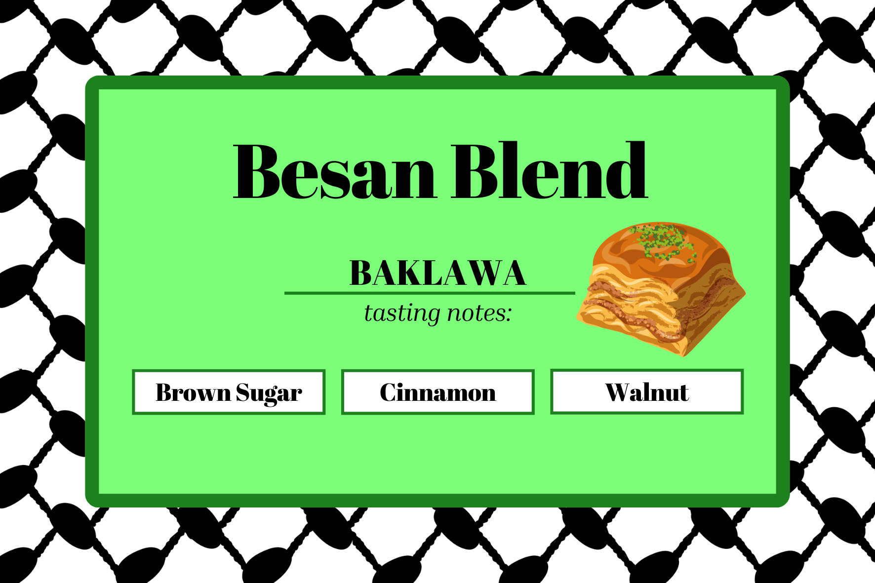 Ground Besan Blend Baklawa coffee from The Palestinian Coffee Company, showcasing rich, finely ground coffee in a clear container.