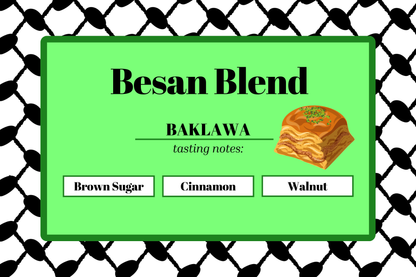 Ground Besan Blend Baklawa coffee from The Palestinian Coffee Company, showcasing rich, finely ground coffee in a clear container.