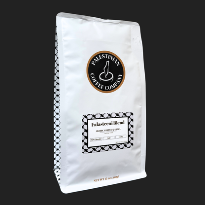 Falasteeni Blend Arabic coffee with cardamom from The Palestinian Coffee Company, featuring a rich, aromatic coffee beans display.