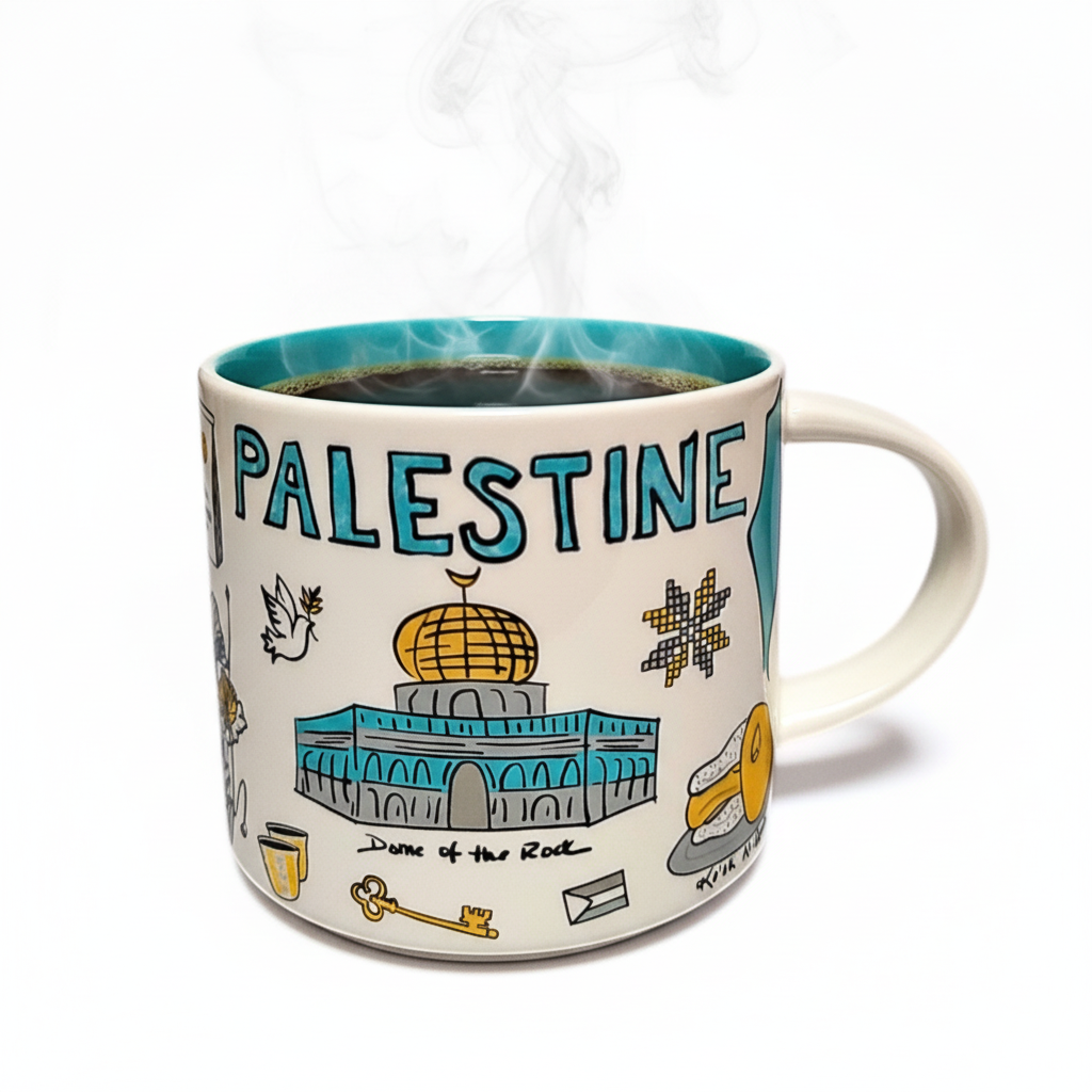 Palestine Mug from The Palestinian Coffee Company featuring traditional design and bold lettering on ceramic surface.