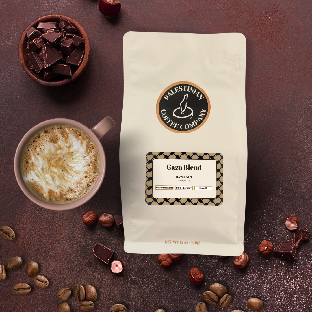 Whole bean Gaza Blend Hazelnut coffee by The Palestinian Coffee Company in a 12 oz bag with a rich hazelnut aroma.