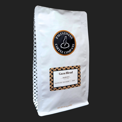 Whole bean Gaza Blend Hazelnut coffee by The Palestinian Coffee Company in a 12 oz bag, showcasing rich hazelnut-colored beans.