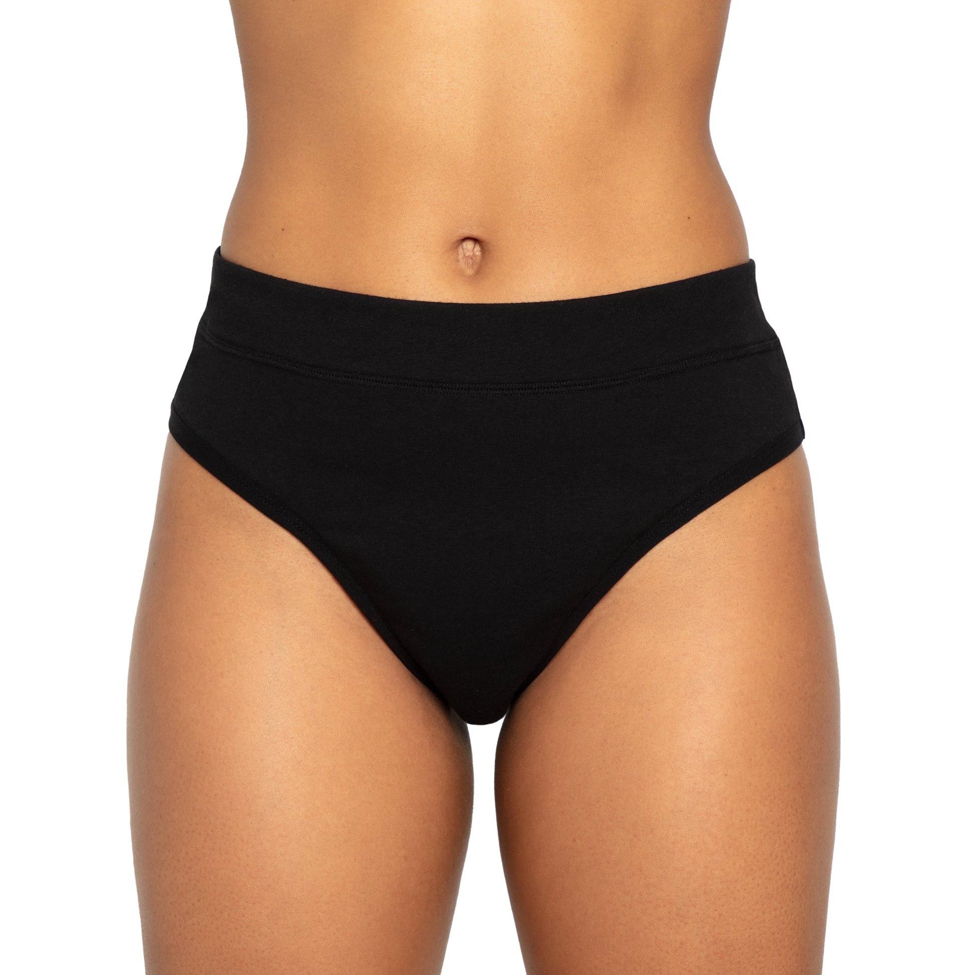 Black microfiber thong pad for light flows from The Period Company, designed for comfortable, discreet menstrual protection.