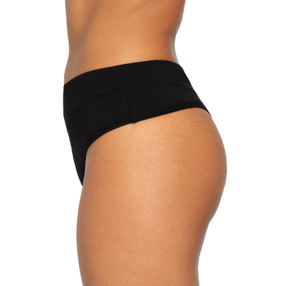 Black microfiber Thong Period underwear by The Period Company, designed for light flow protection and comfort.
