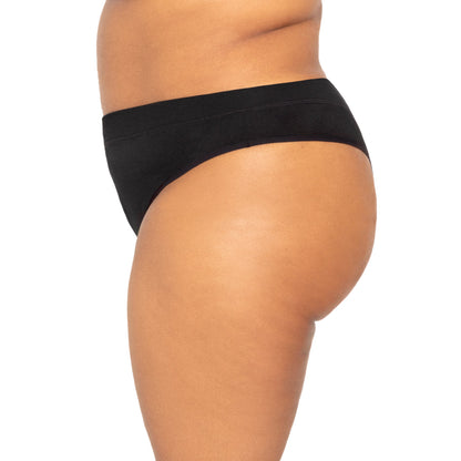 Black microfiber thong pad for light flows by The Period Company, designed for comfortable, discreet menstrual protection.