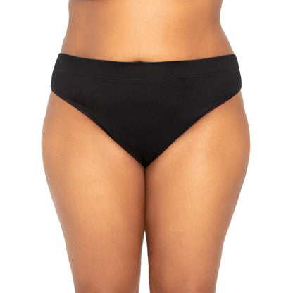 Black microfiber The Thong Period panty by The Period Company, designed for light menstrual flows.