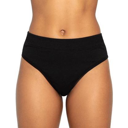 Black microfiber The Thong Period panty by The Period Company designed for light flow protection.